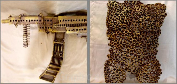 A scrap-metal study of a firearm, beside a torso built from hundreds of identical cut pipe sections describing the form through density alone