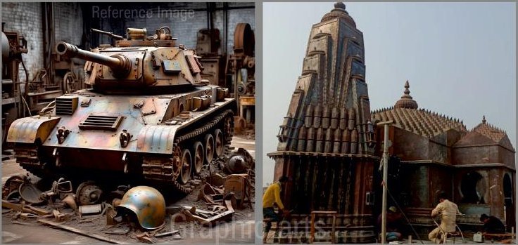 A scrap-built temple structure with shikhara and mandapa assembled entirely from reclaimed material, at a scale a person can walk into