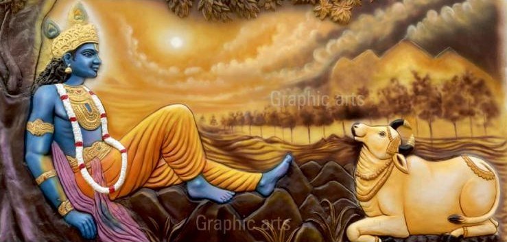 A painted GRC relief of Krishna reclining with a cow at sunset, sculptural depth combined with full polychrome colour