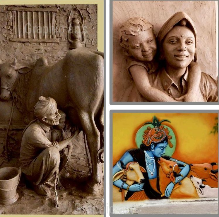 Natural terracotta-finish GRC relief — a milkman milking a cow in a courtyard, a portrait relief of a farmer couple, and a painted panel of Krishna with cattle