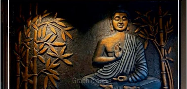 A carved cement relief mural of a seated Buddha framed by gilded bamboo on a dark ground