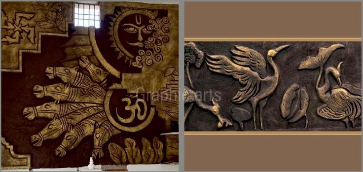 A radiating cement relief composition built around a stepped architectural surround, beside a cranes and lotus panel