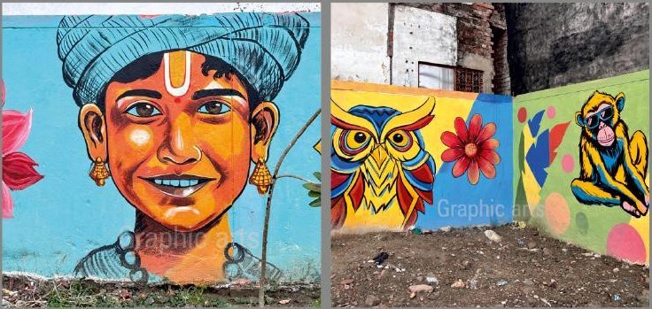 Street-level work — a flat-colour portrait, and a decorative boundary wall with an owl, flowers and a monkey